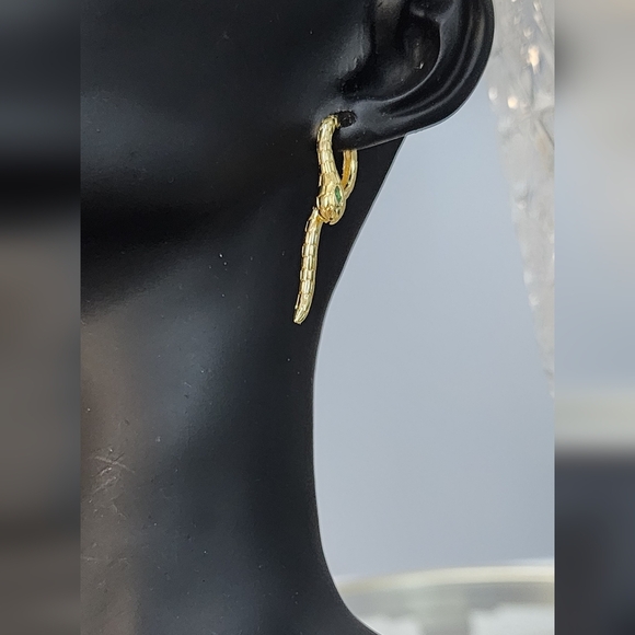 Gold Snake Earrings with Green Accent - Picture 5 of 7